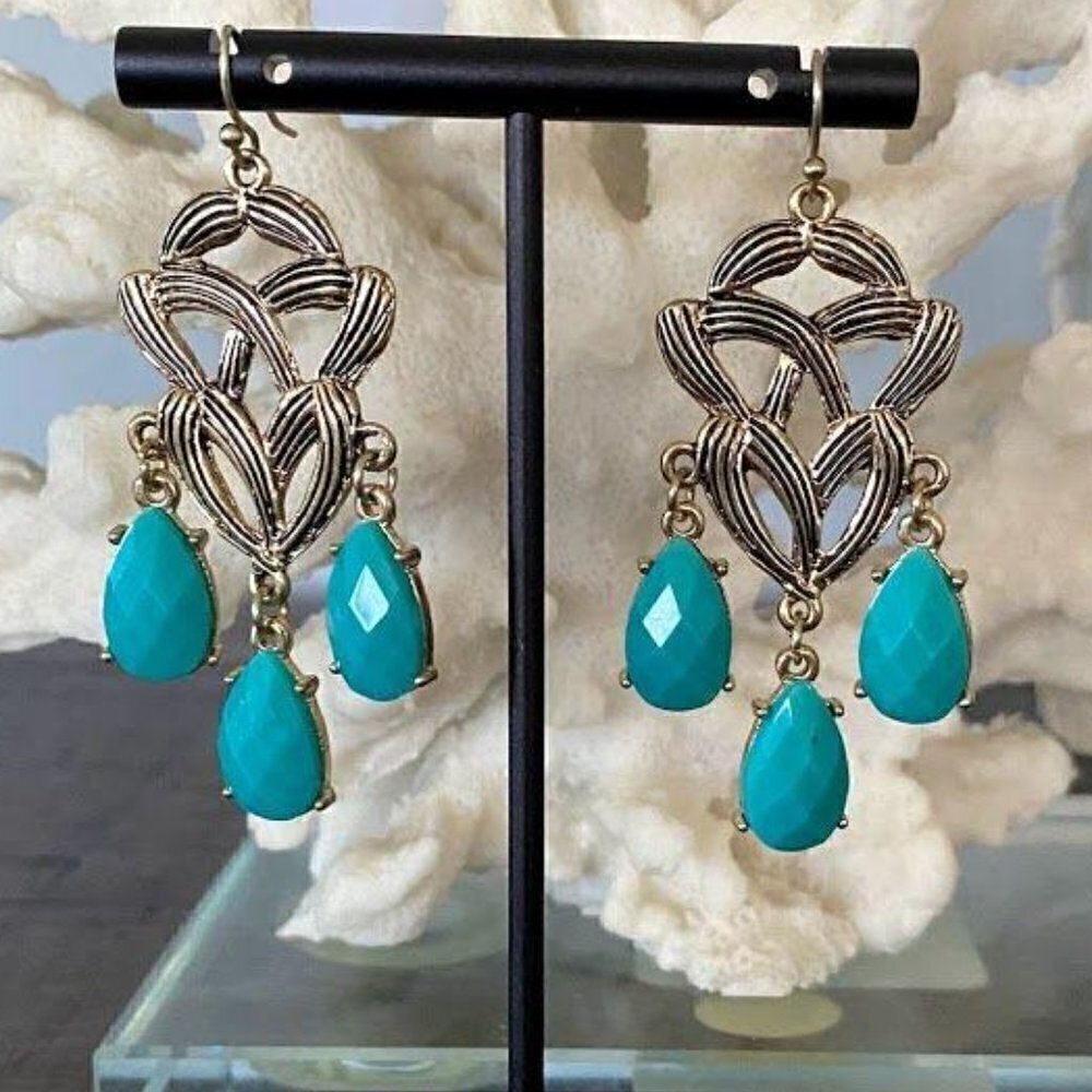 Francesca’s Earrings - Antique Finish Aqua Chandalier Chandeliers